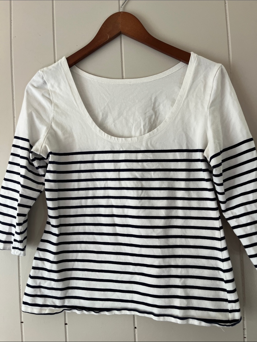 Classic White & Navy Striped Scoop Neck Women's Top